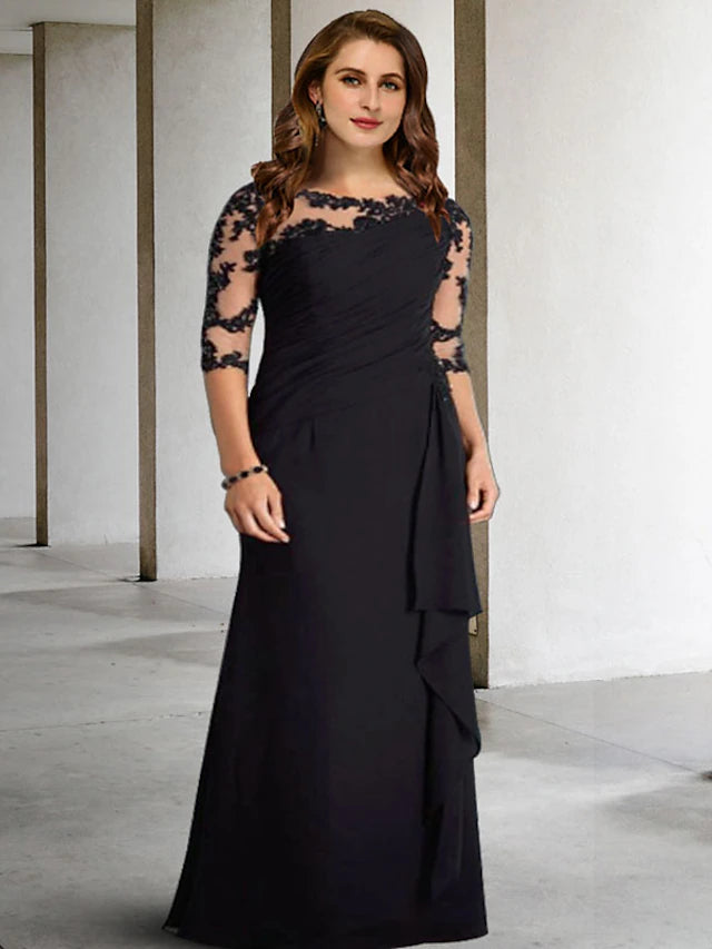 A-Linie, Übergröße, geschwungen, Kleider für die Brautmutter, elegantes Kleid, formell, bodenlang, halbe Ärmel, Rundhalsausschnitt, Chiffon mit Falten, gerüschten Applikationen